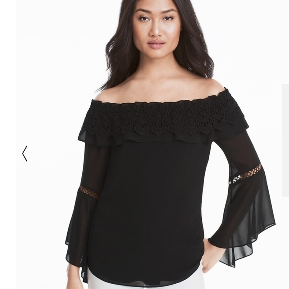 White House Black Market Off The Shoulder Crochet Trim Bell Sleeve Black Blouse - Picture 1 of 9